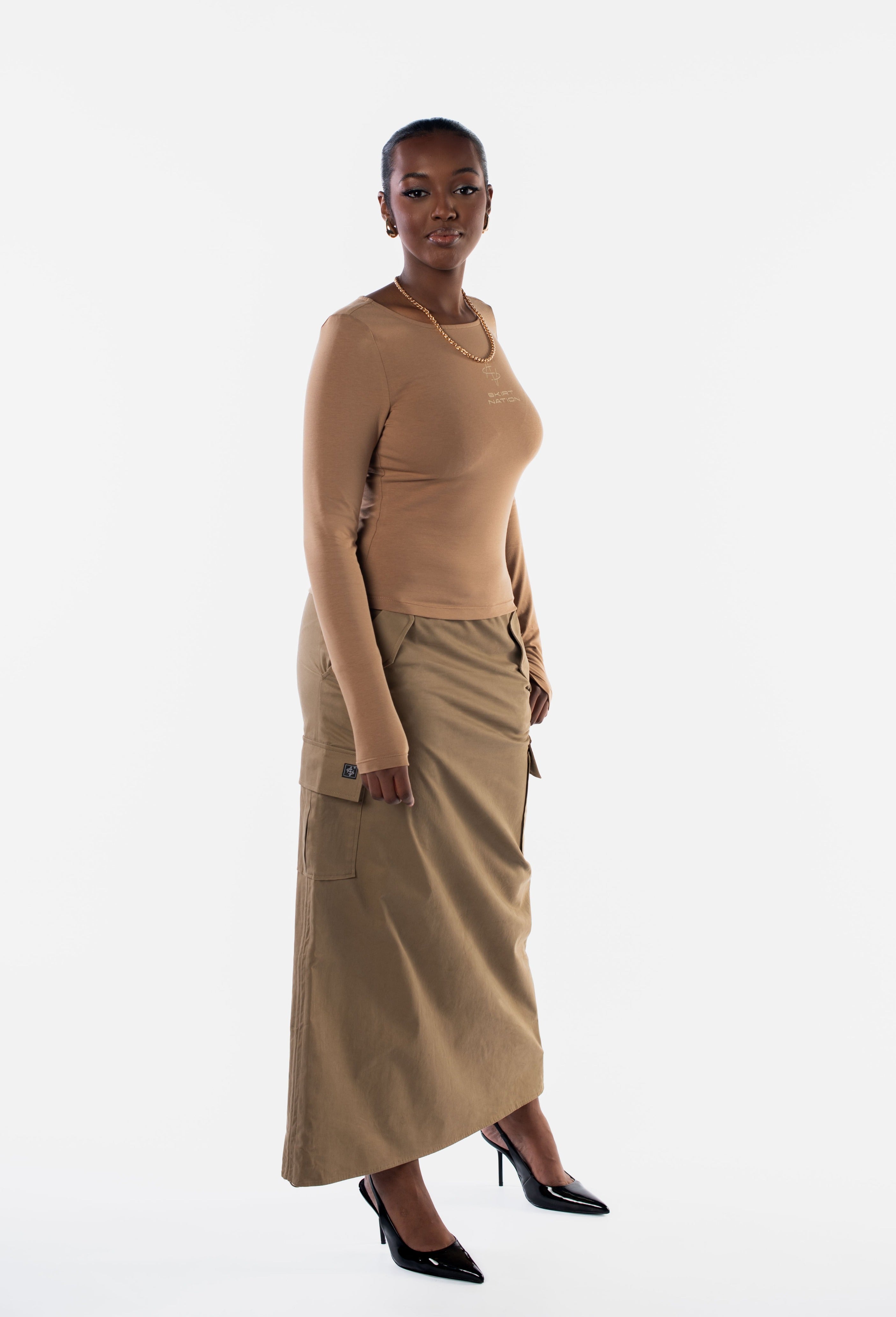 Khaki wrap maxi outlet skirt